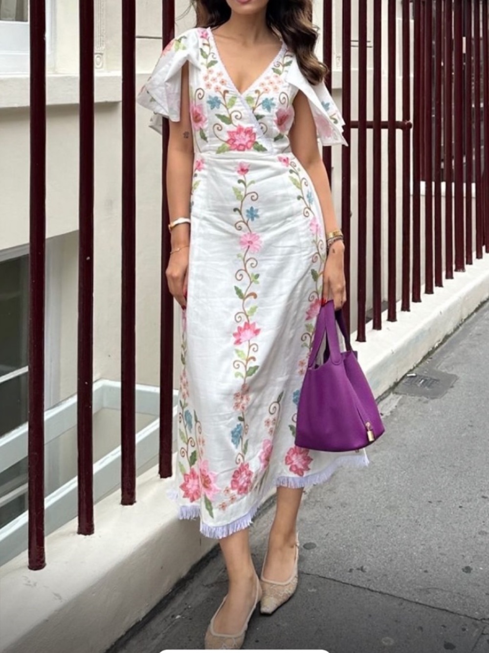 Bohemian White Embroidered Maxi Dress with Floral Detail